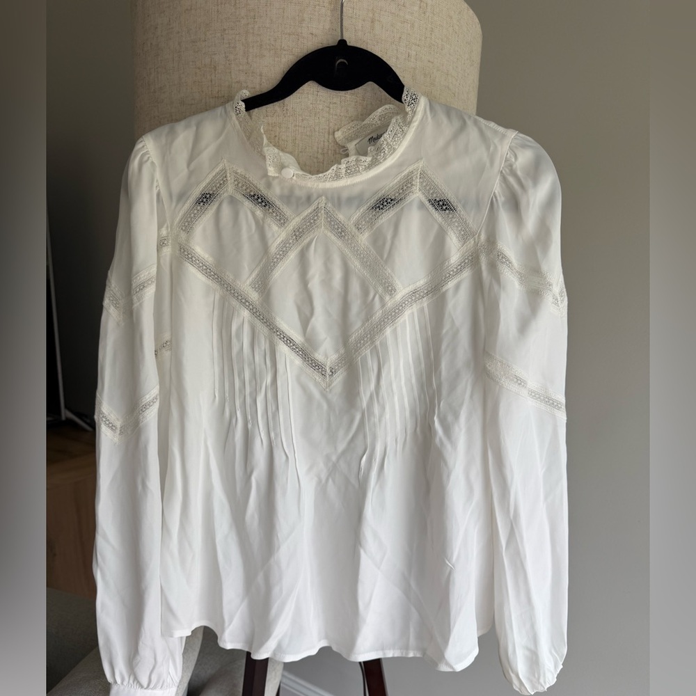 Madewell size M White Lace-Trim Long Sleeve Women's Blouse